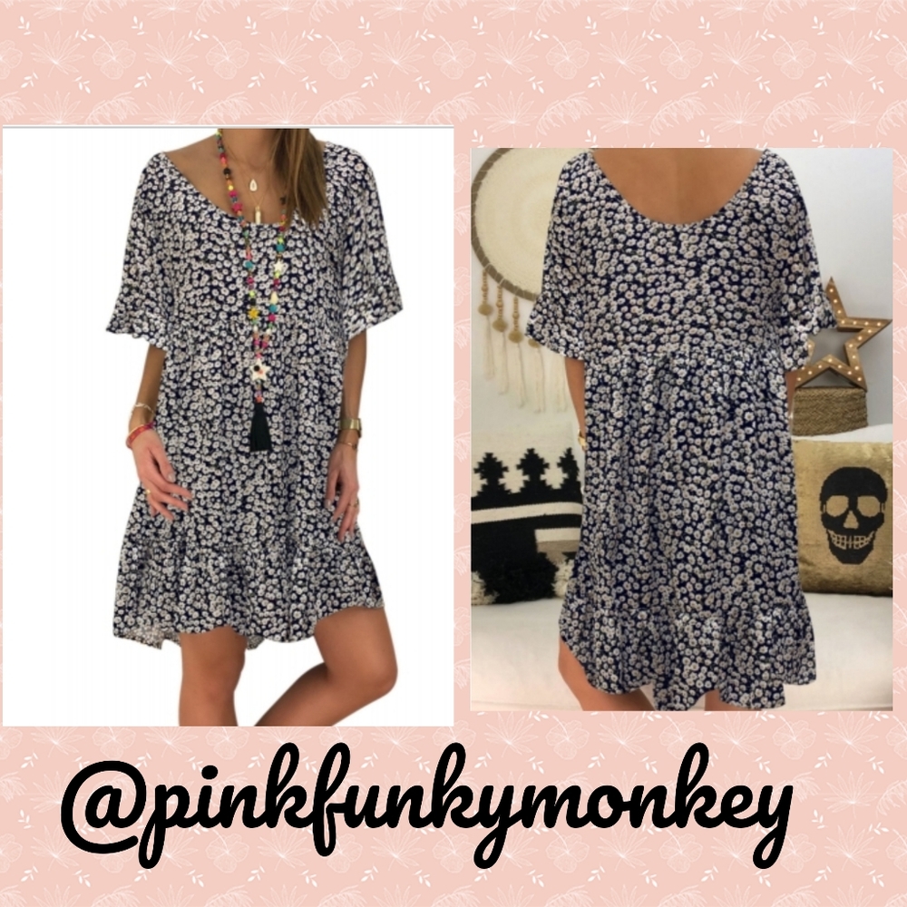 New Black Loose Neck Floral Dress